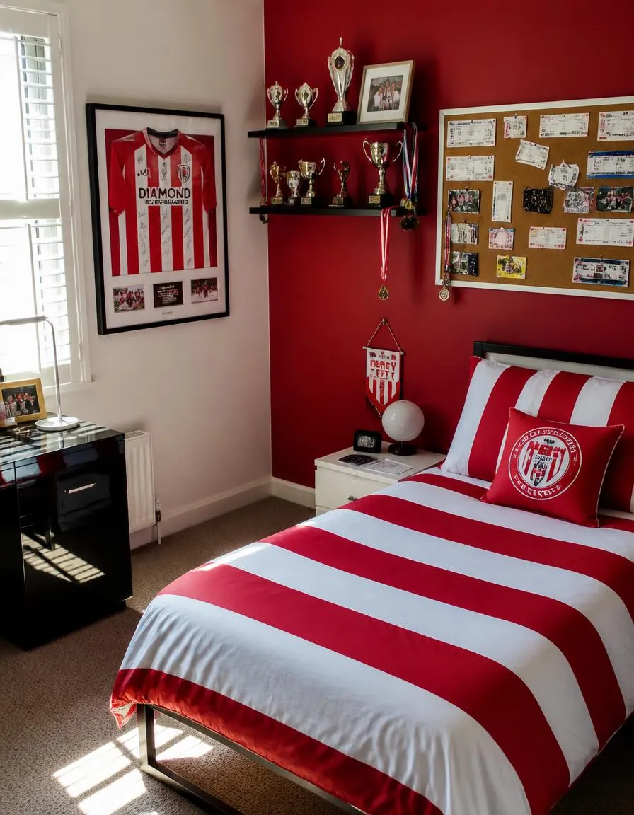 Sports fan red boys bedroom