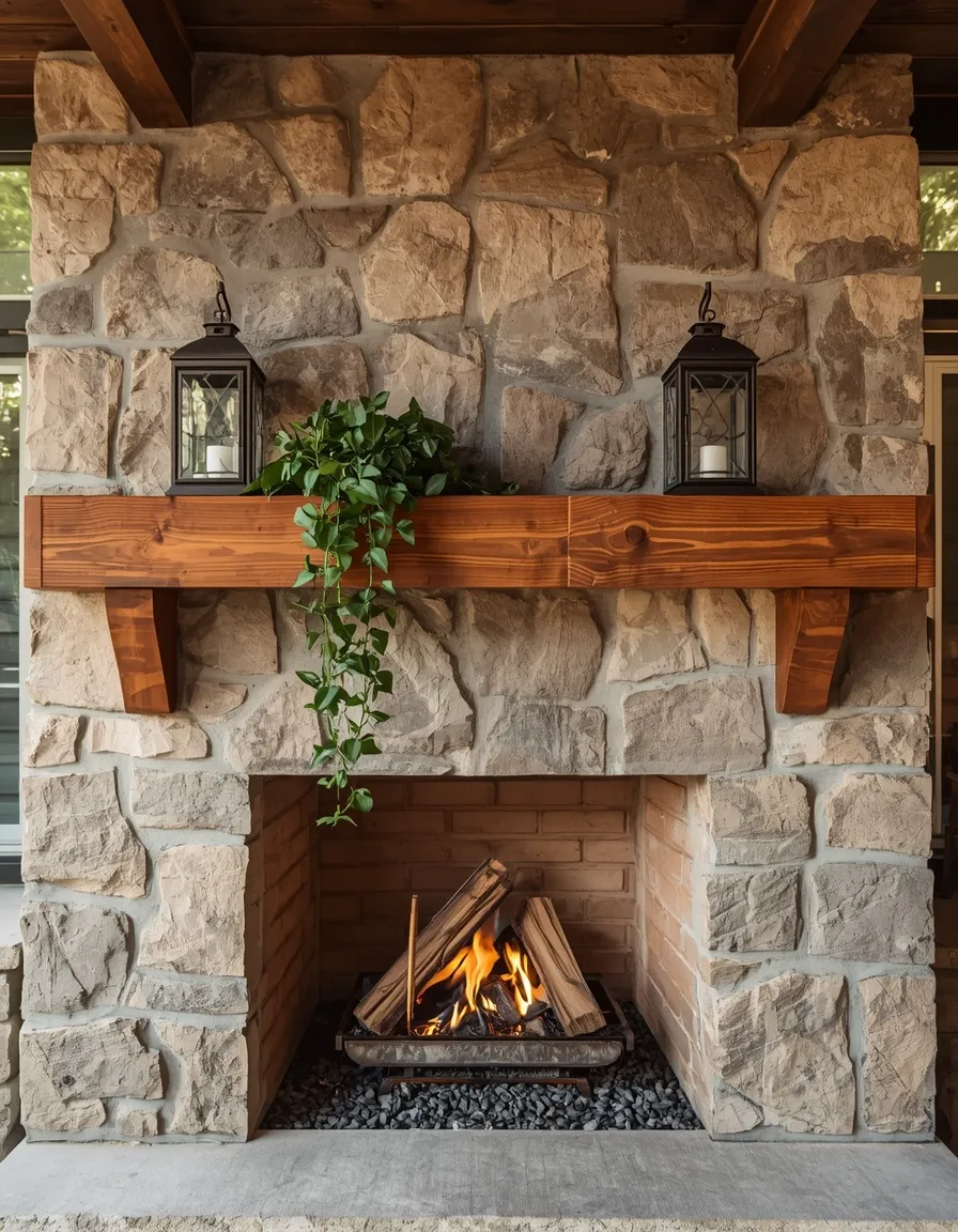 Styled outdoor fireplace mantel