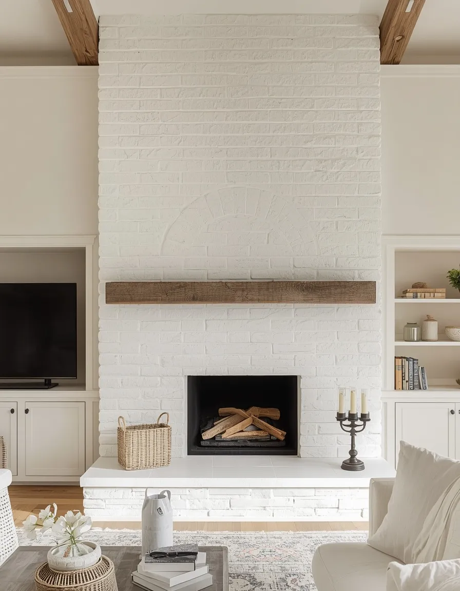 Whitewashed two story stone fireplace