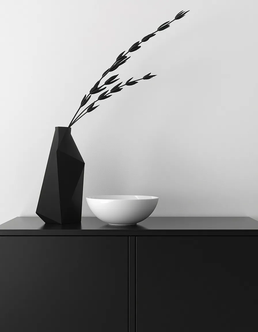 Black and white decor above modern cabinets