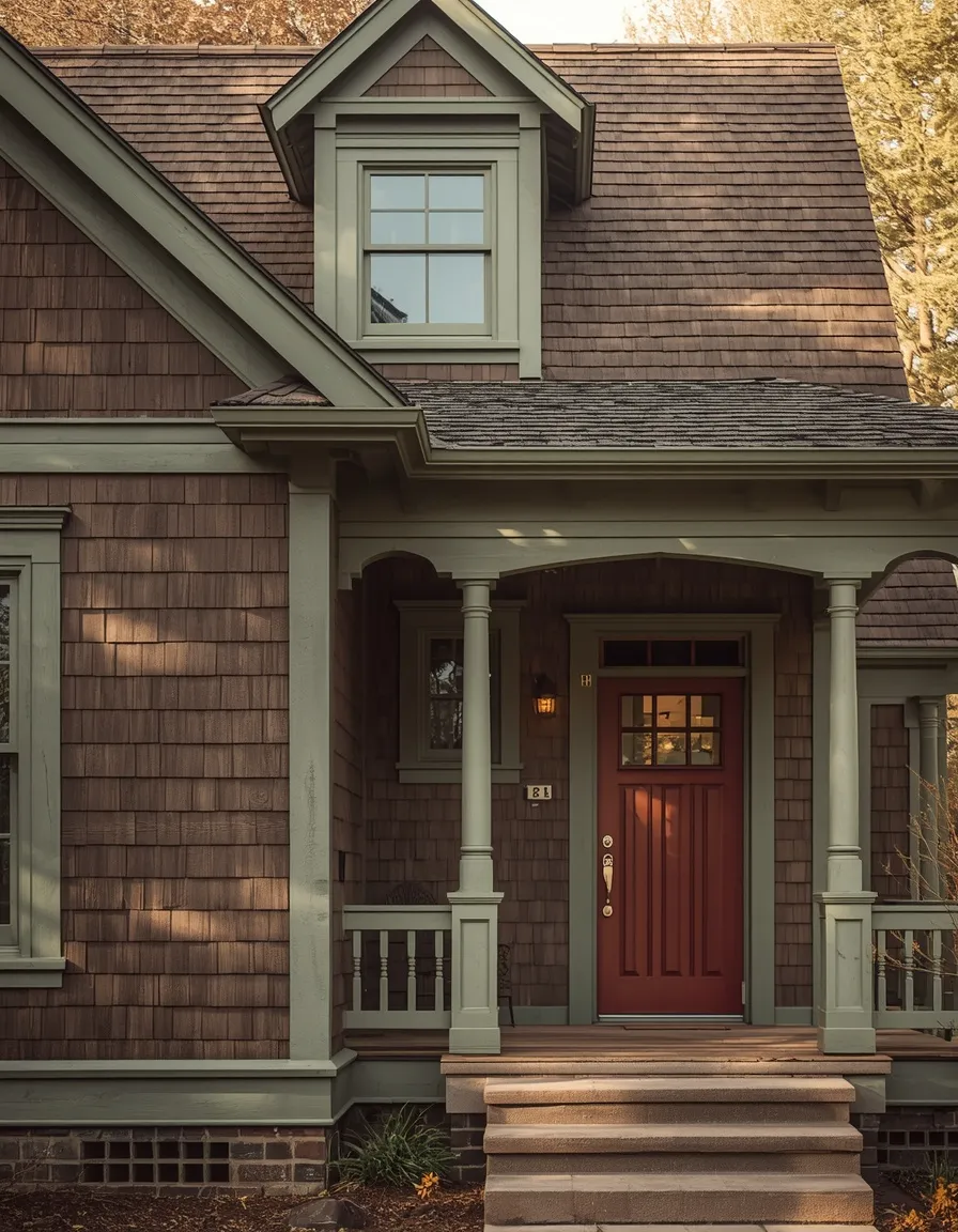 Craftsman brown house with green trim