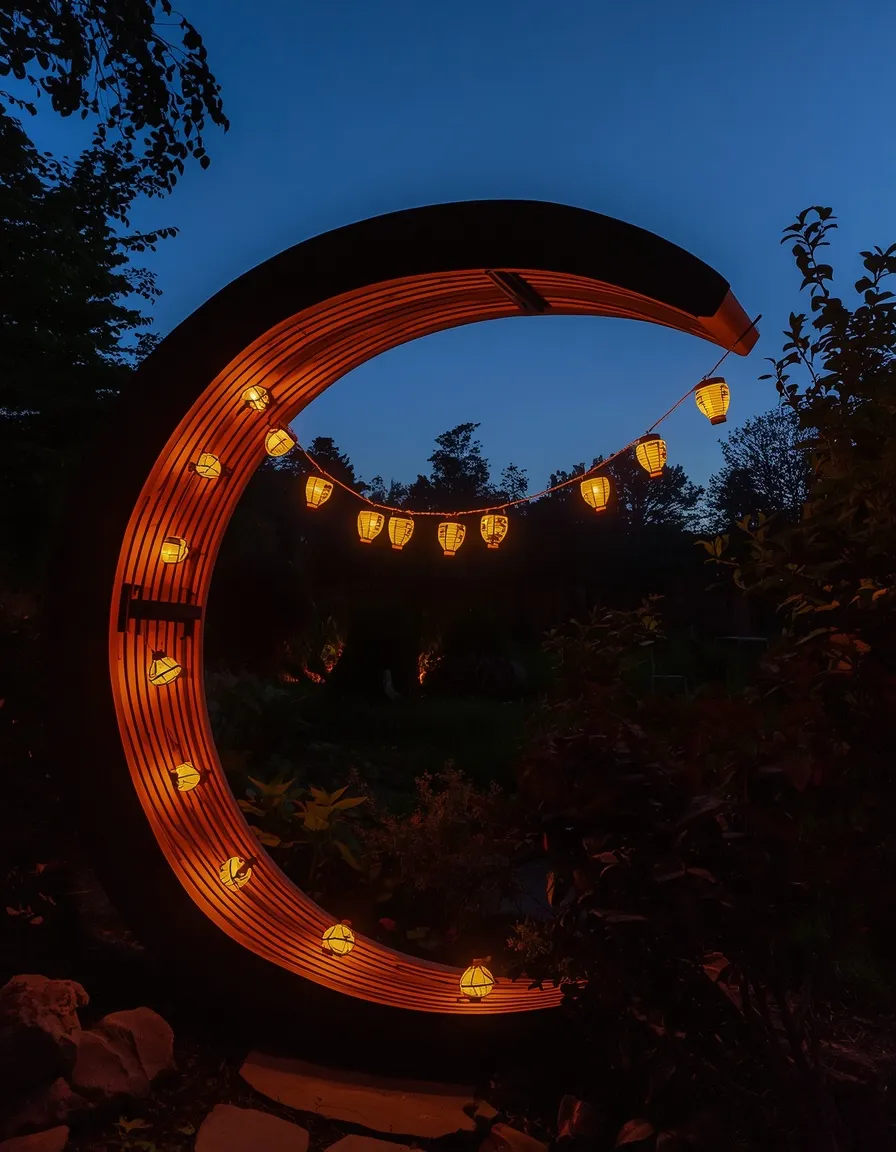 Lantern lit moon gate garden at dusk