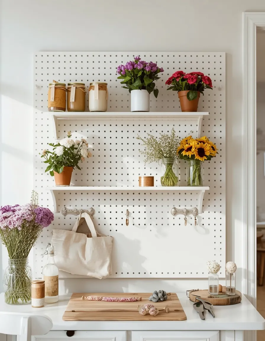 Pegboard flower rack idea for craft rooms