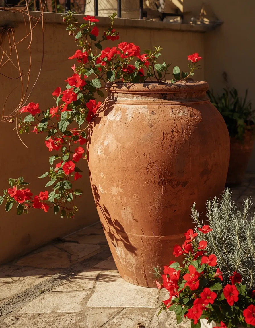 Terracotta olive jar planter on a terrace