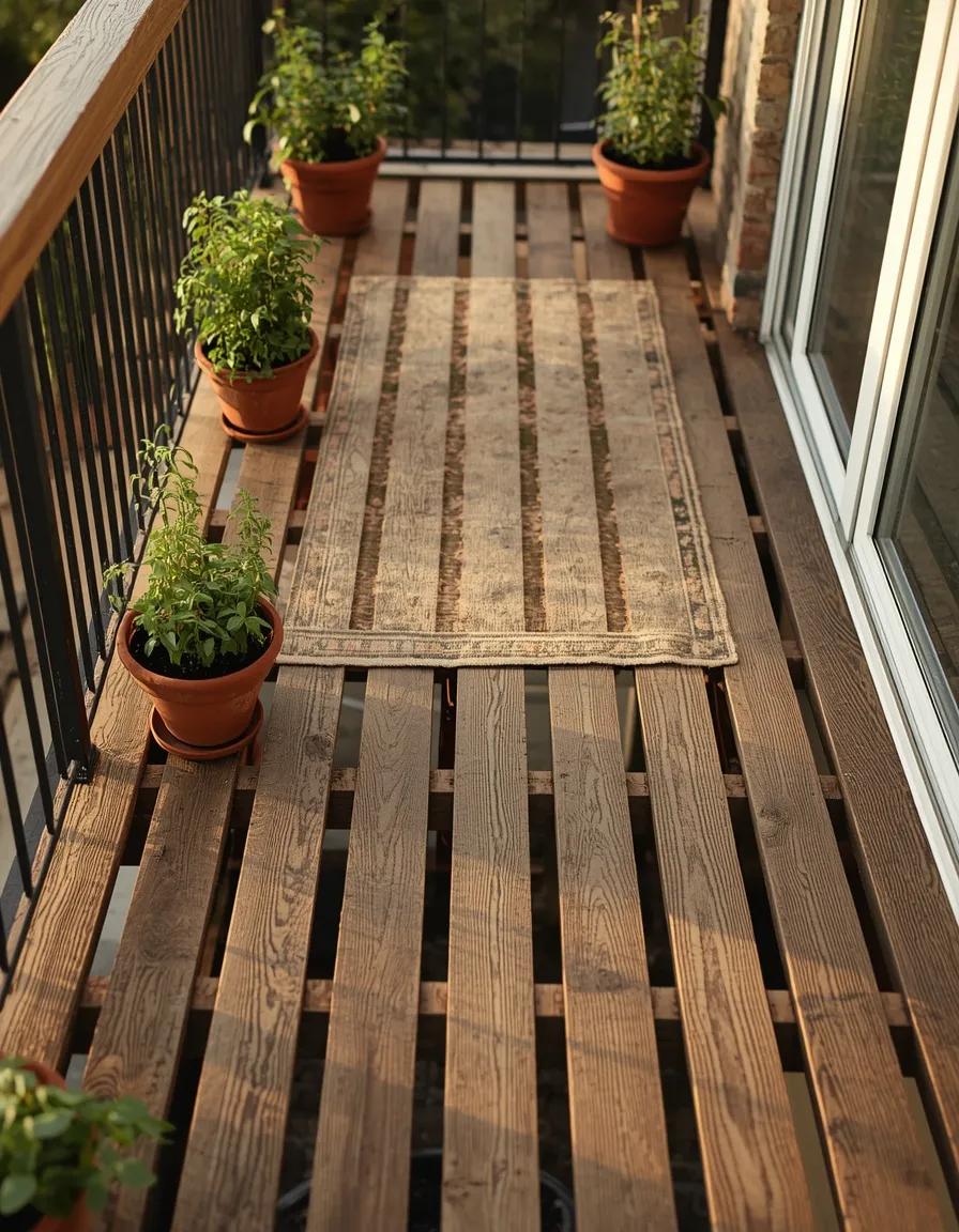 Upcycled pallet deck floor on spring balcony