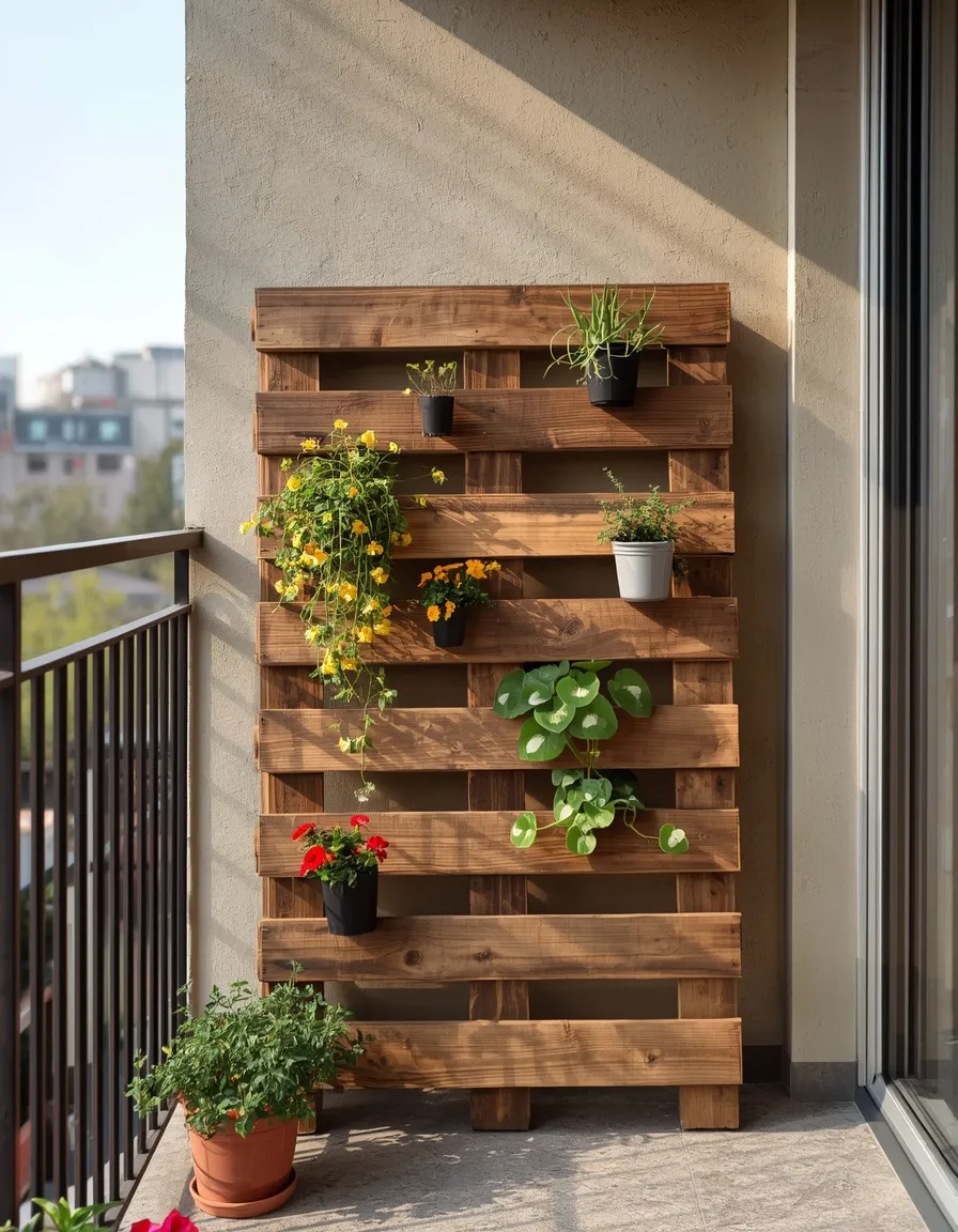 Vertical pallet plant stand on balcony