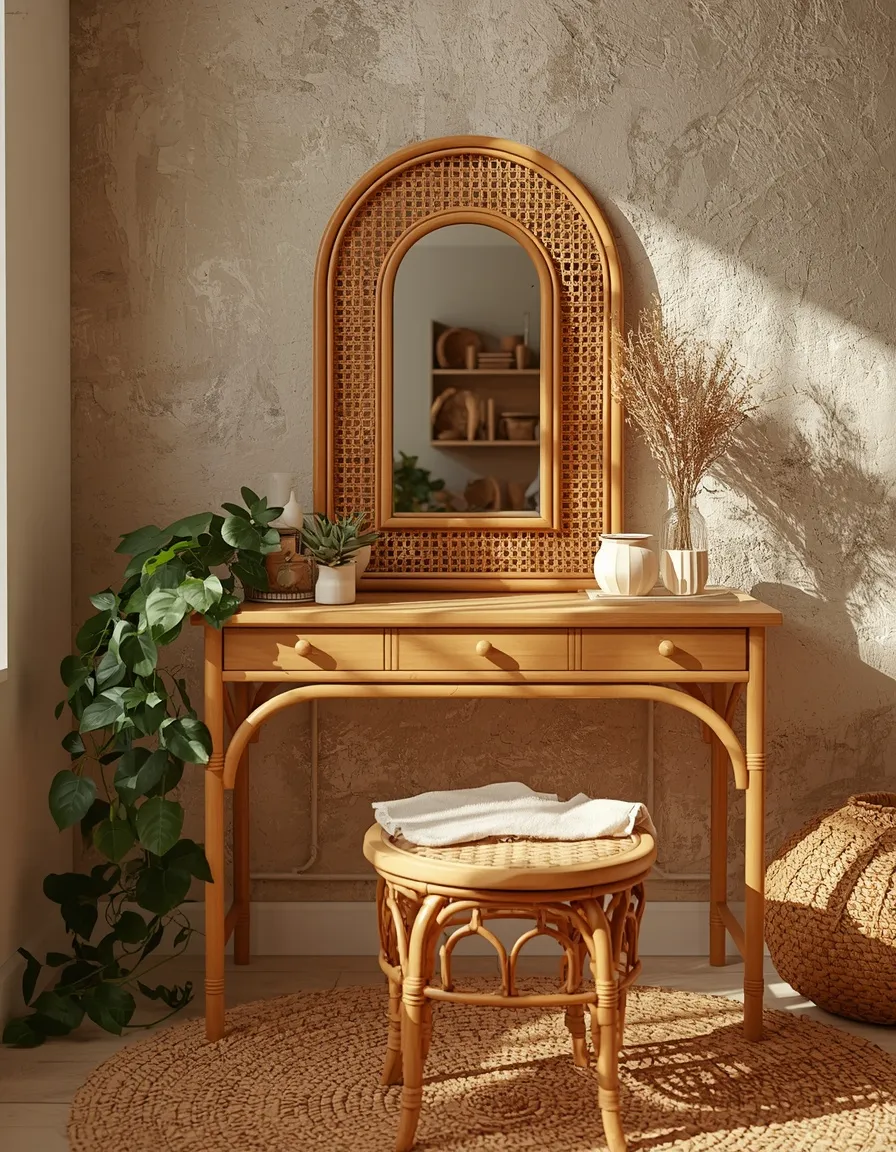 Boho rattan makeup vanity