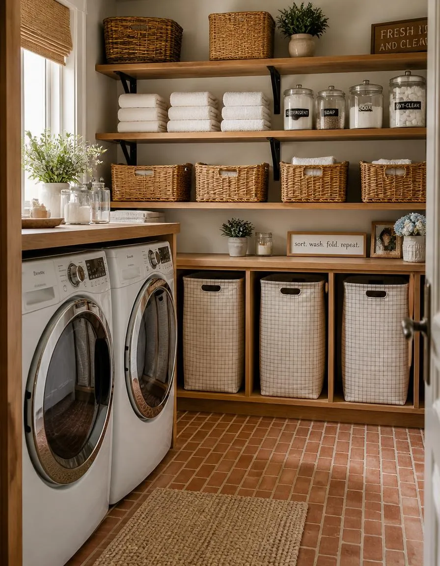 Brick floor laundry open wood shelving
