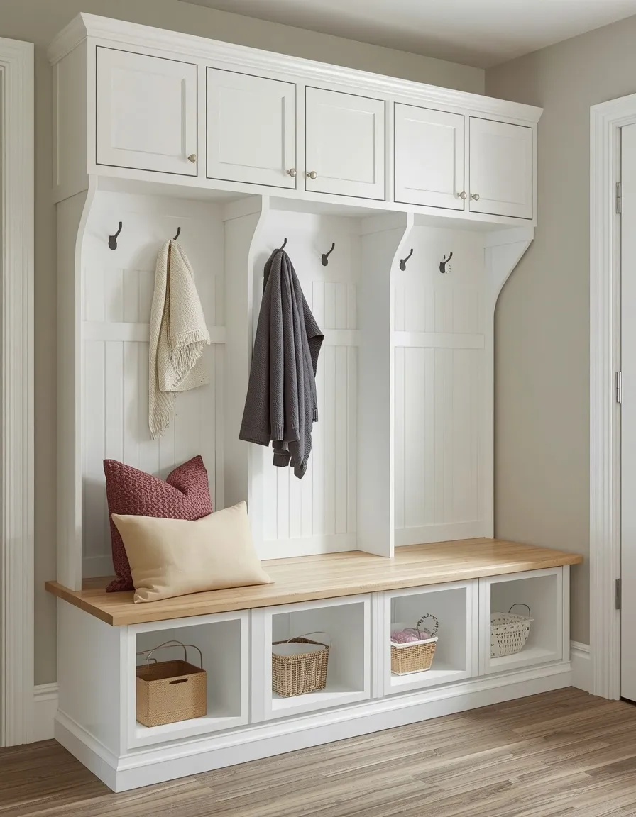 DIY mudroom bench from cabinets