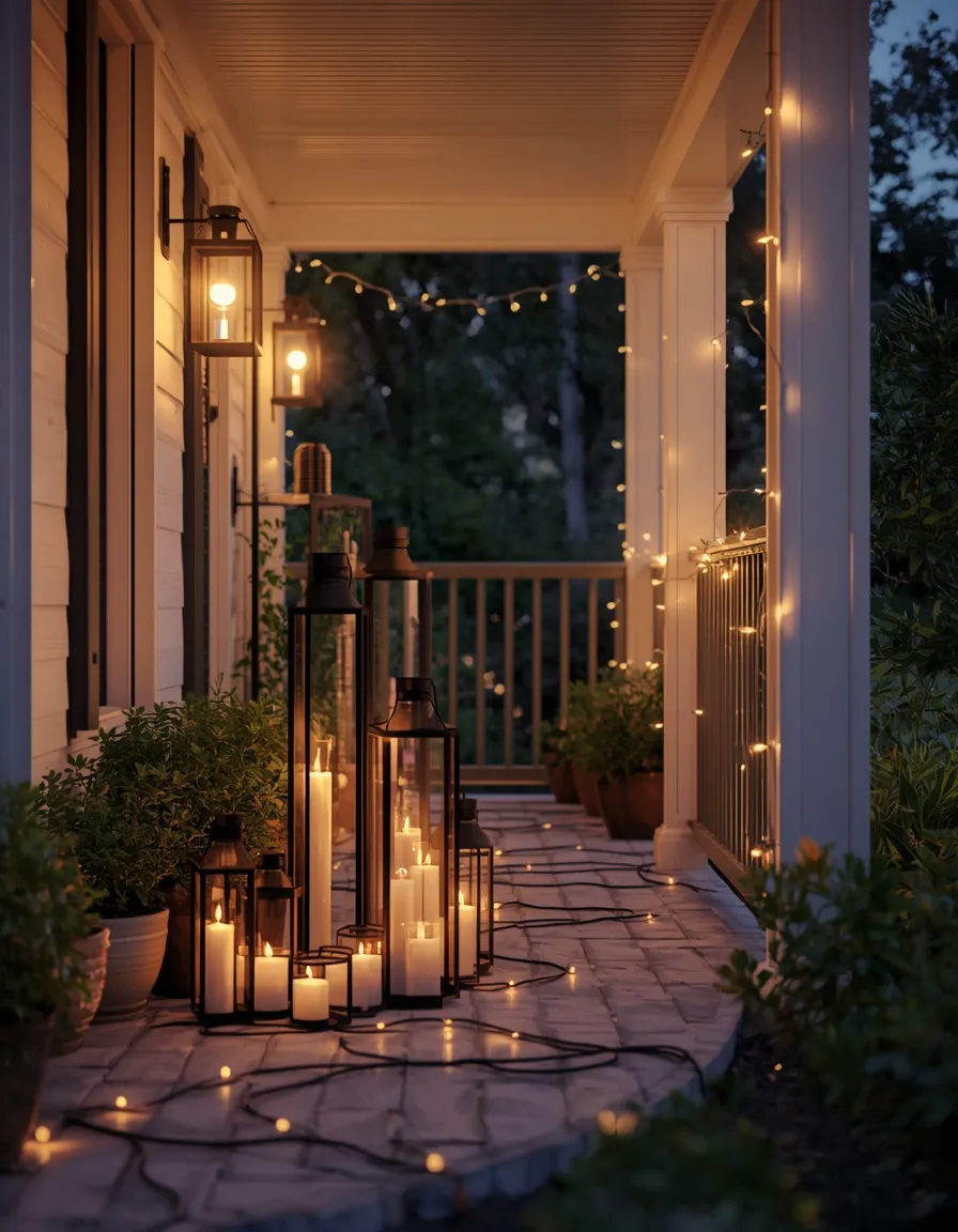 Evening lantern-lit summer porch entry