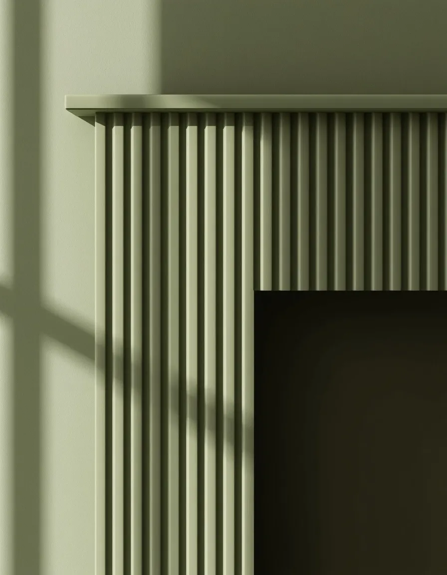 Fluted sage green fireplace surround