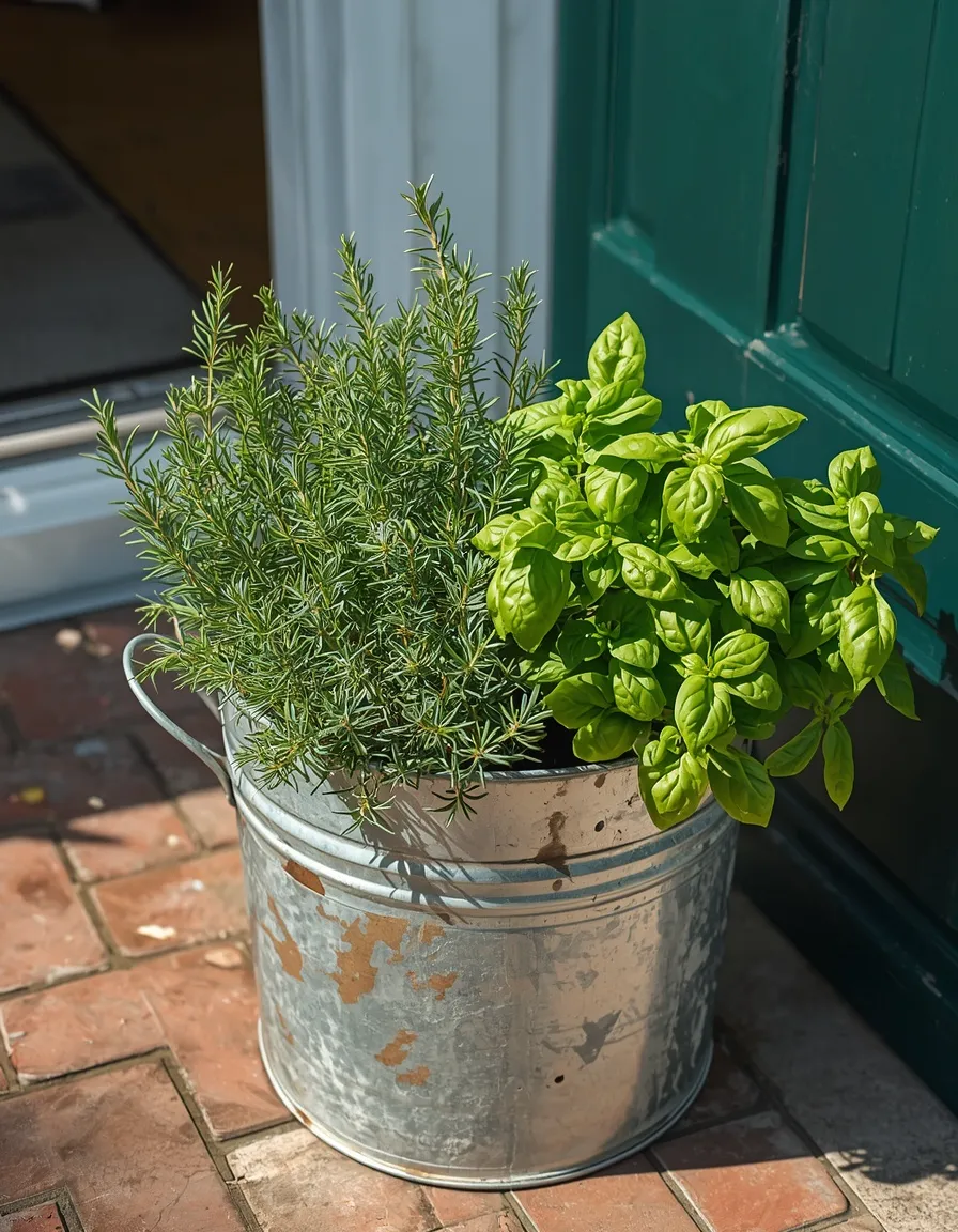 Galvanized washtub herb garden by kitchen