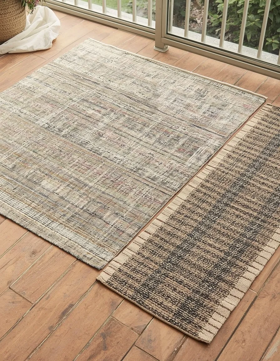 Layered rugs on urban balcony