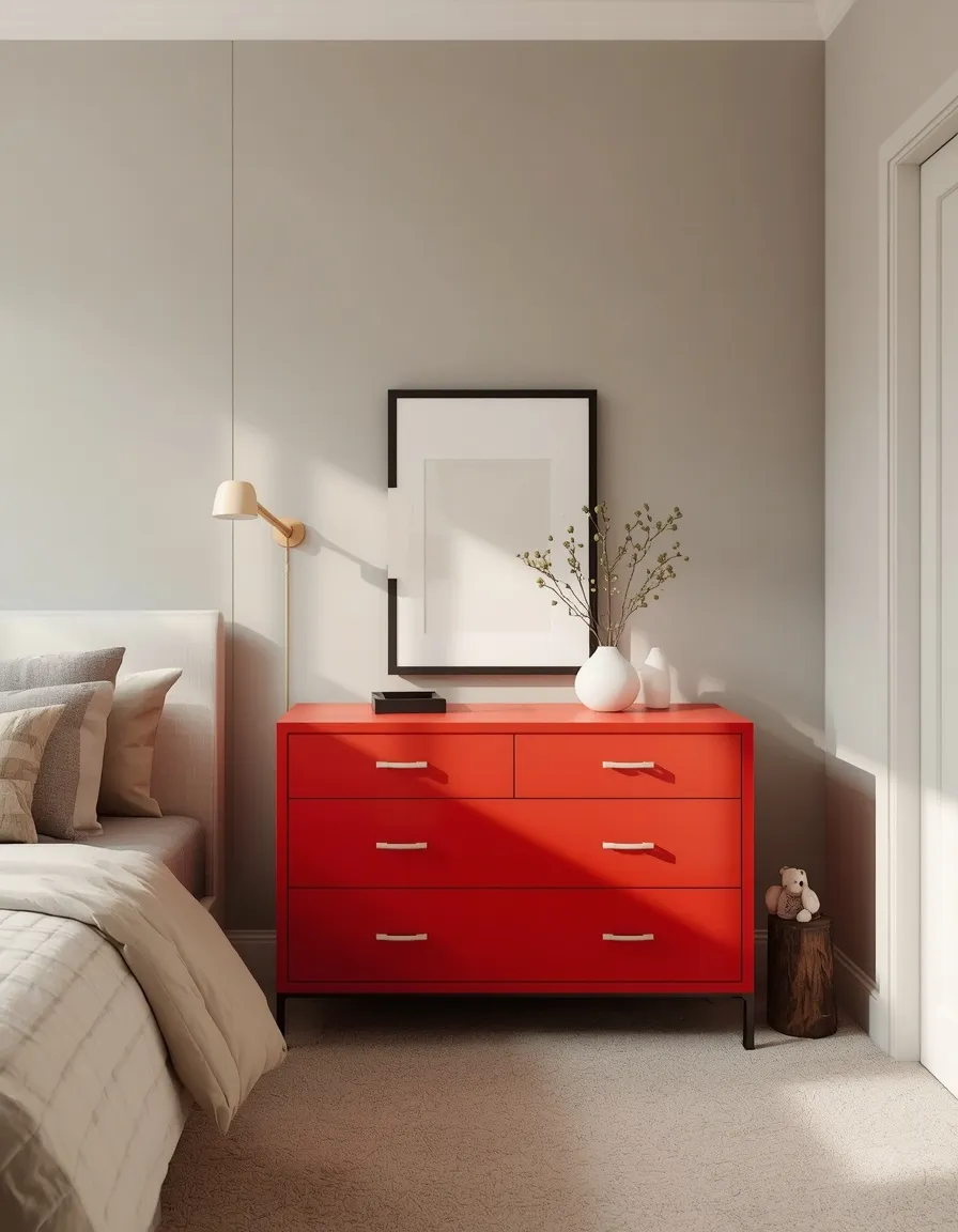 Red dresser in a boys bedroom