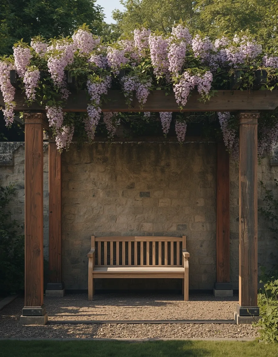 Rustic deck bench under a pergola