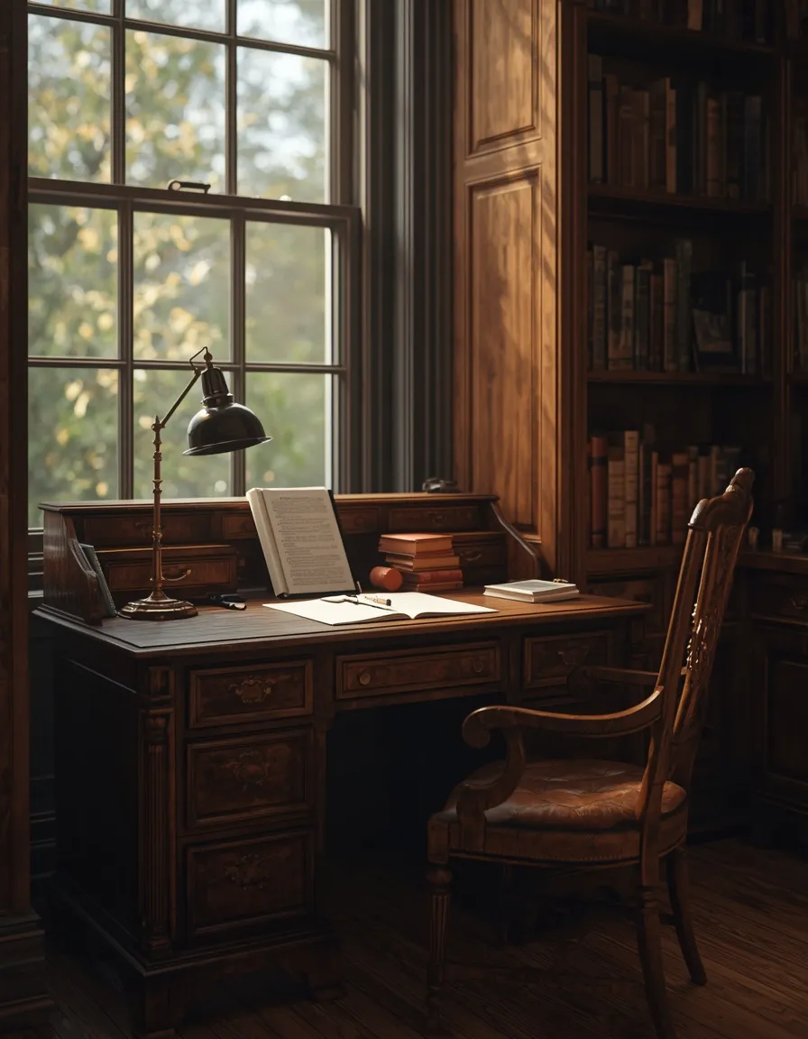 Vintage writing desk at a window