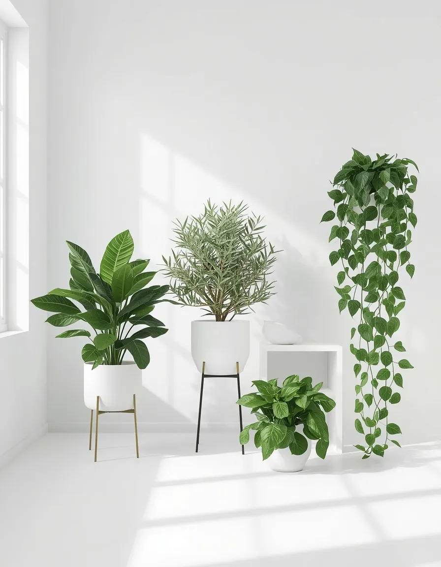 White room filled with green plants