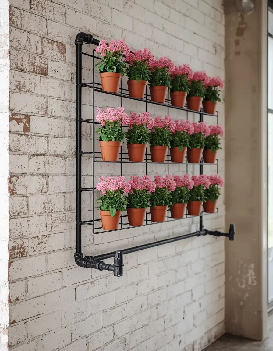 Industrial pipe flower rack wall idea