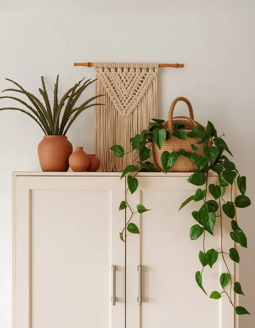 Layered boho decor above cabinets