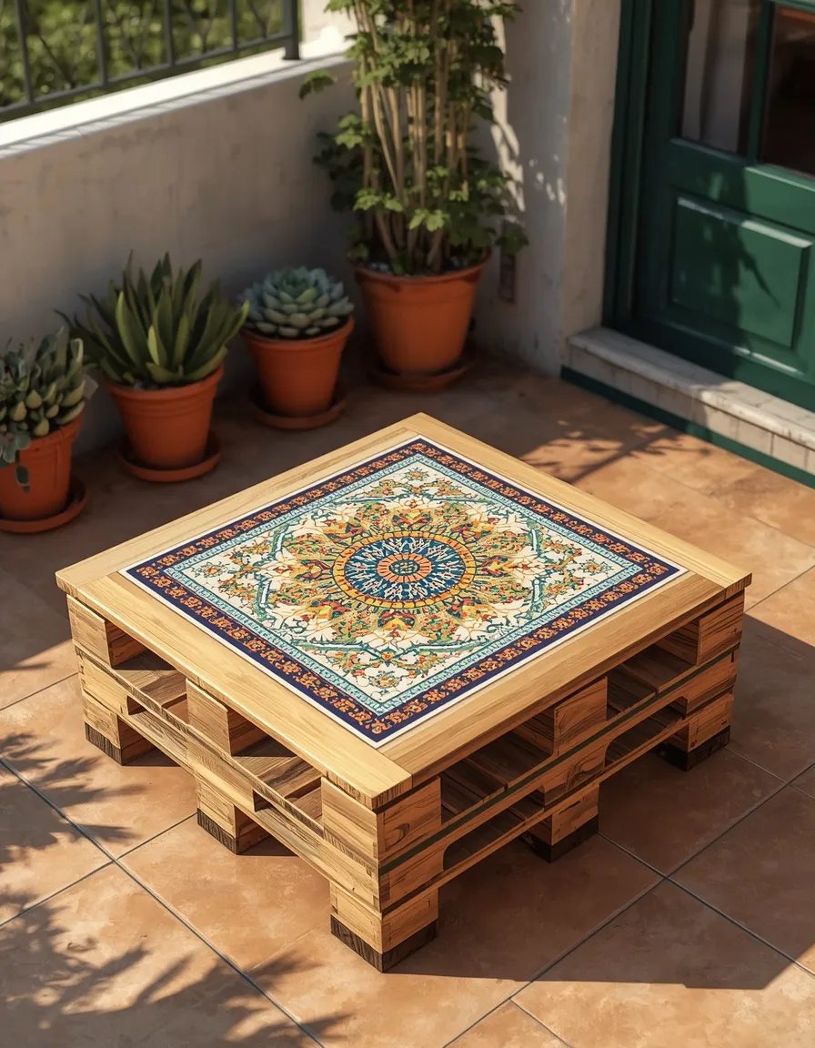 Mosaic tiled pallet garden table
