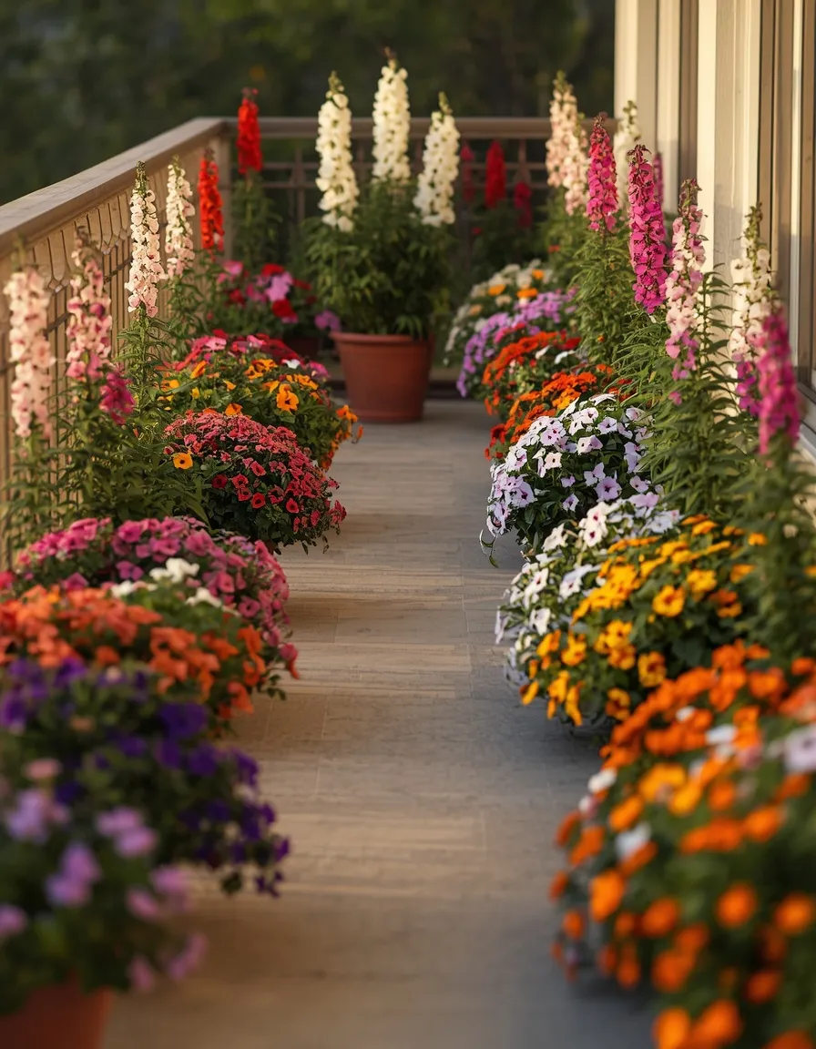 Potted spring flowers lining a balcony floor