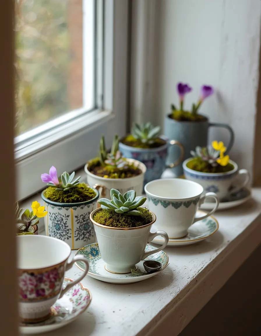 Vintage teacup and tin planters with succulents