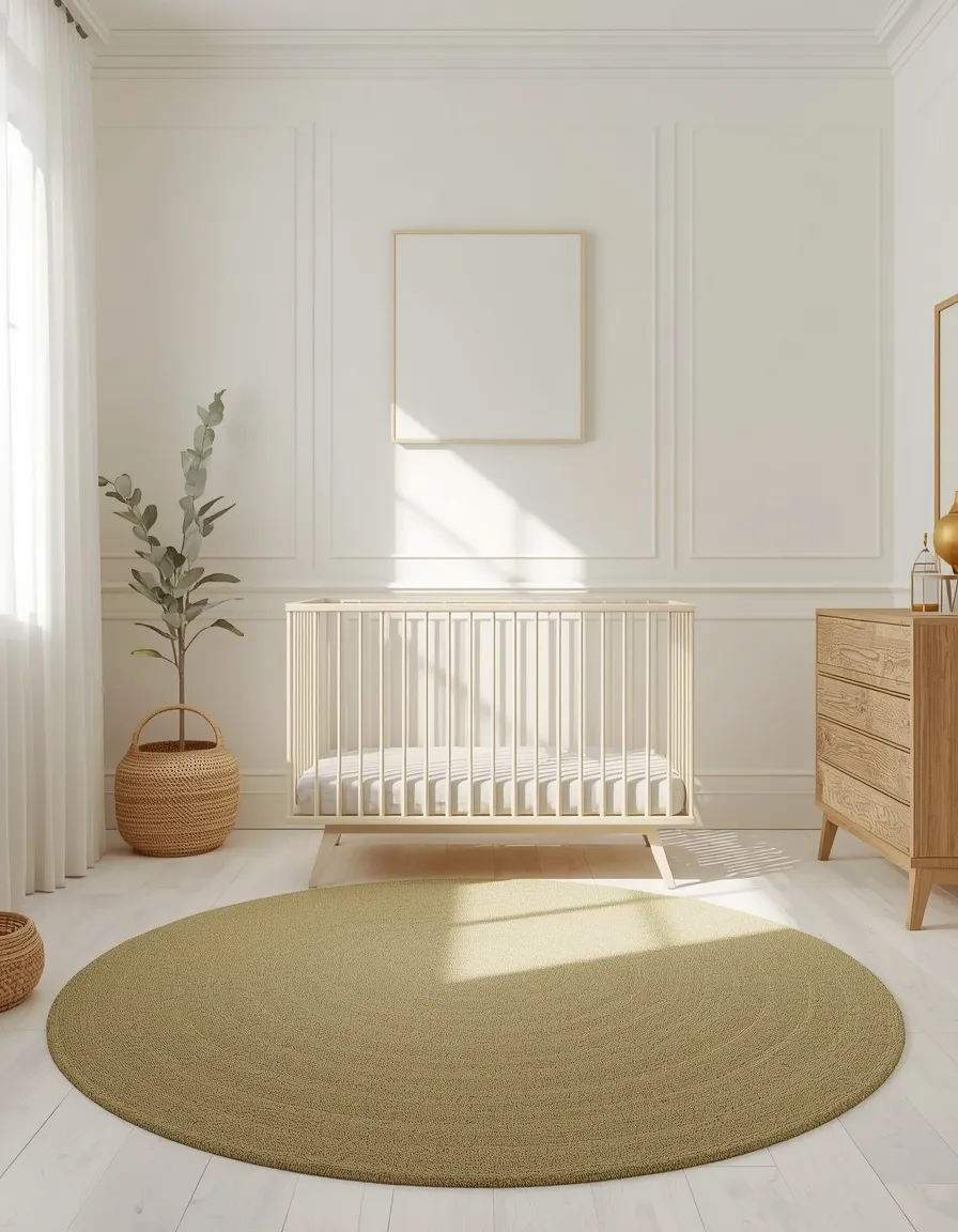 Green rug anchoring a pale nursery