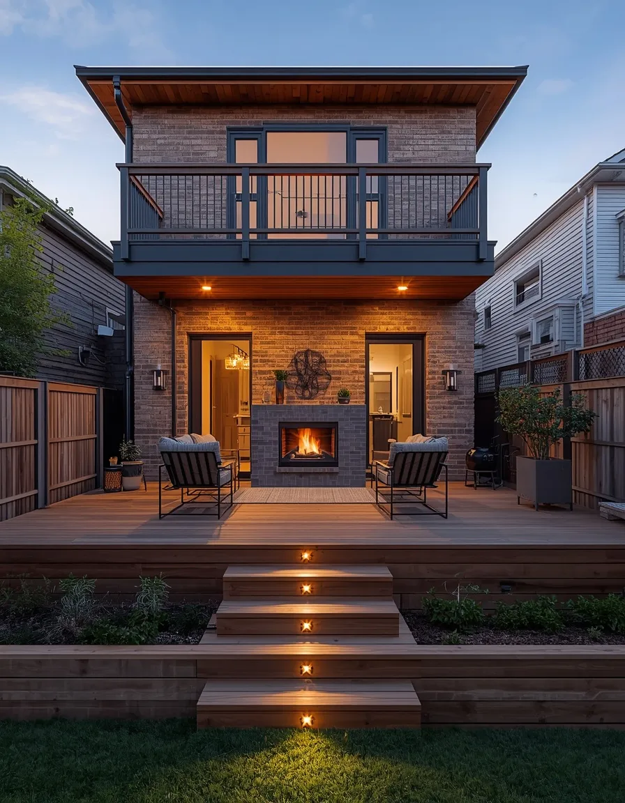 Multi-level deck with outdoor fireplace