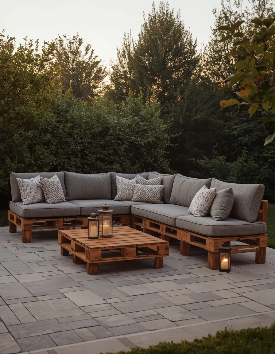 Pallet patio sectional with cushions