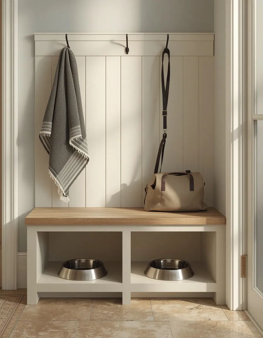 Pet-friendly mudroom bench with bowls