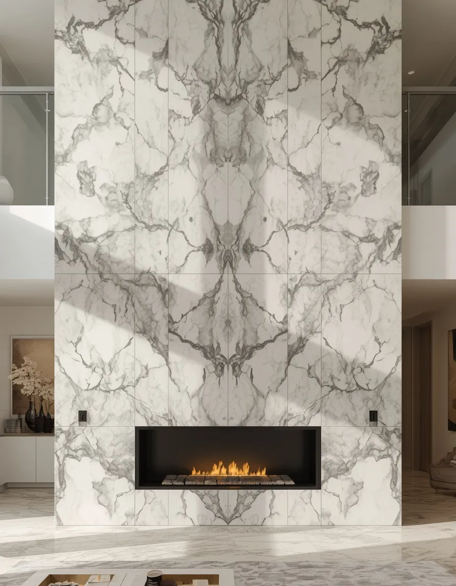 Porcelain slab two story fireplace