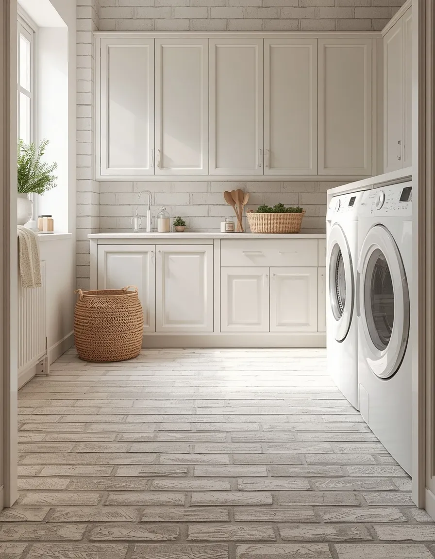 Whitewashed brick floor laundry room