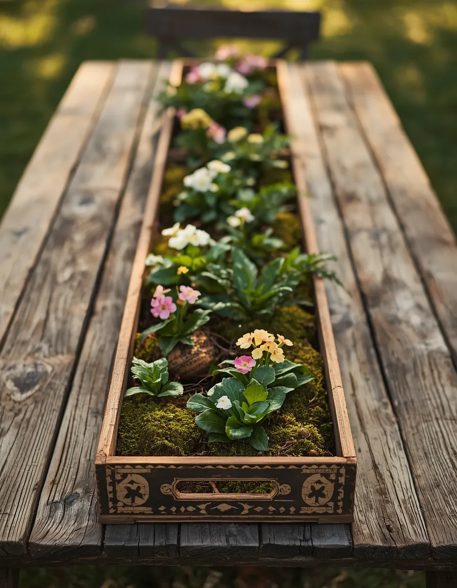 Antique wood crate planter as table centerpiece
