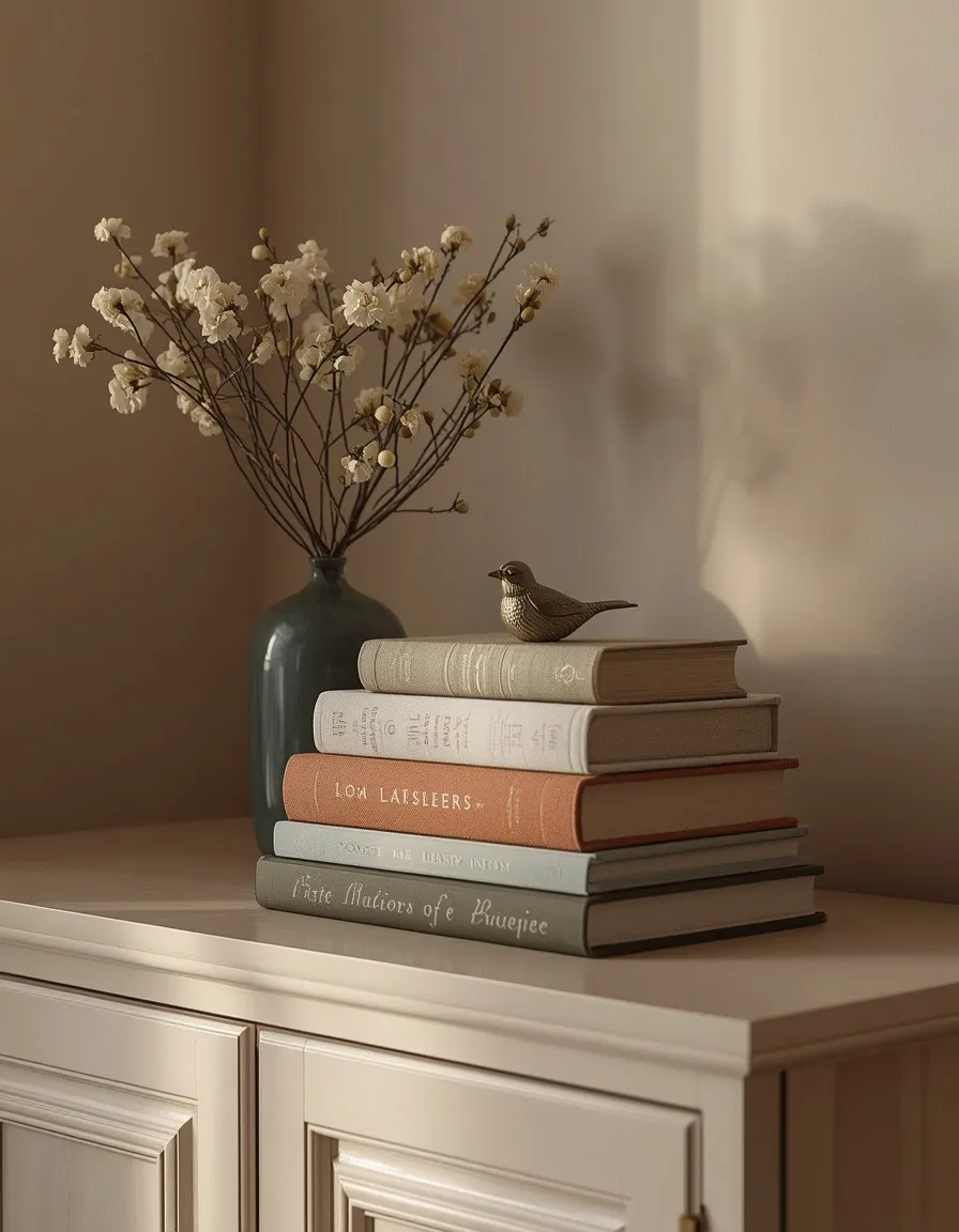 Book stacks styled above cabinets