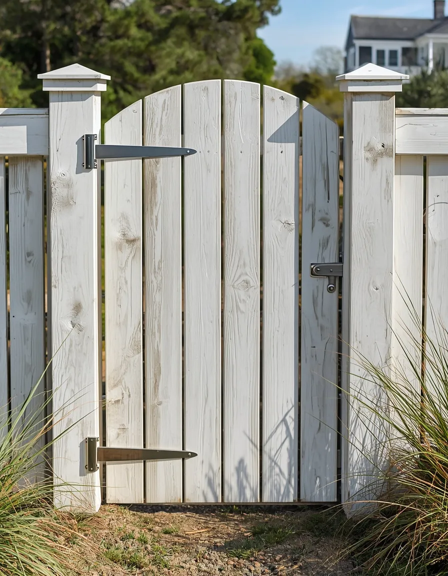 Coastal whitewashed driftwood garden gate