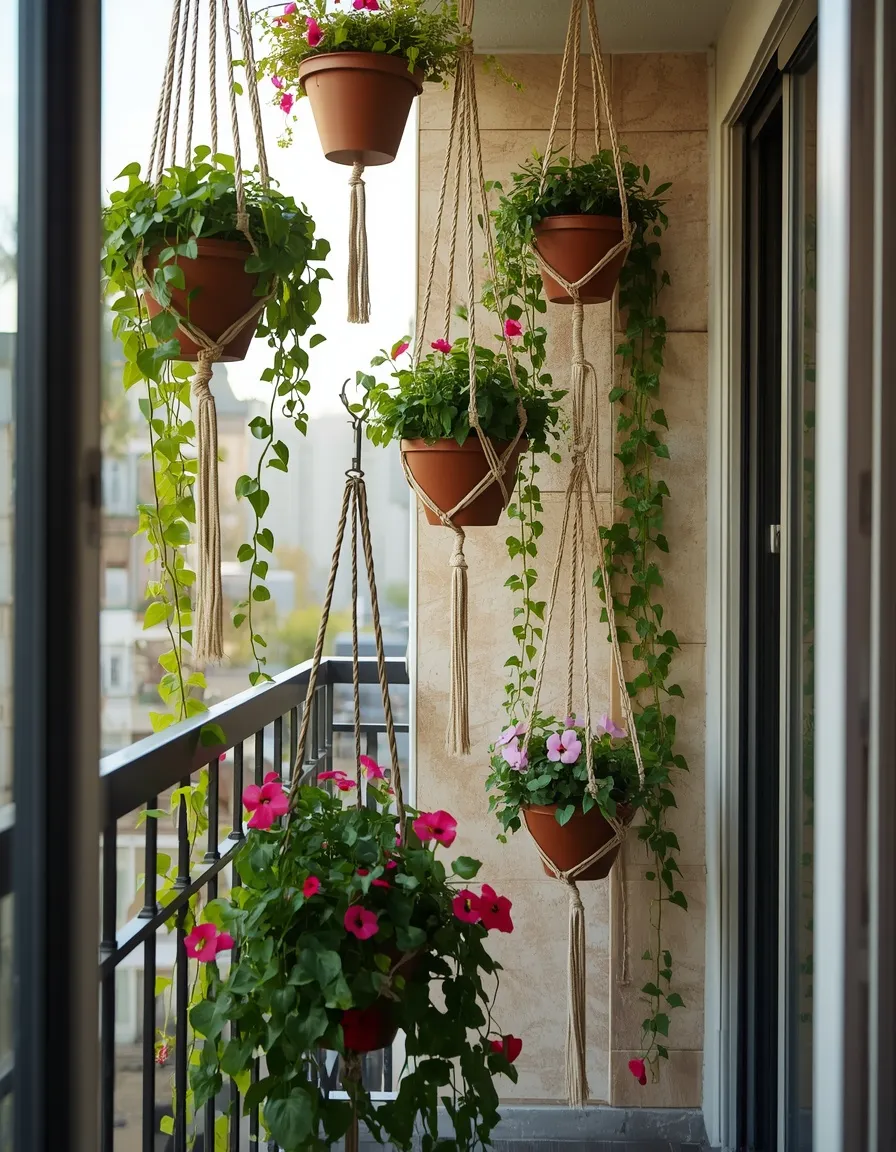 Hanging garden display on apartment balcony