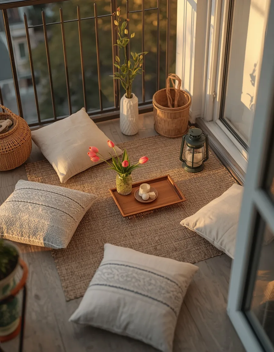 Spring picnic setup on a balcony floor