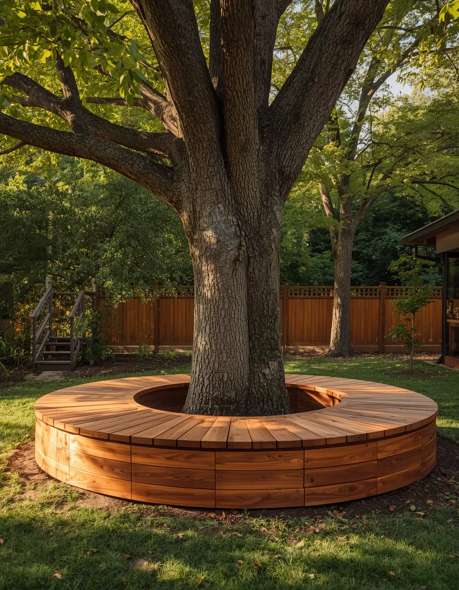 Curved deck bench around a tree