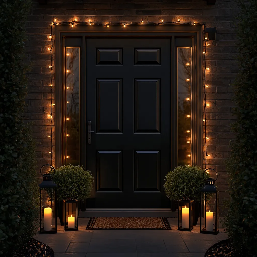 Evening lantern-lit black front door