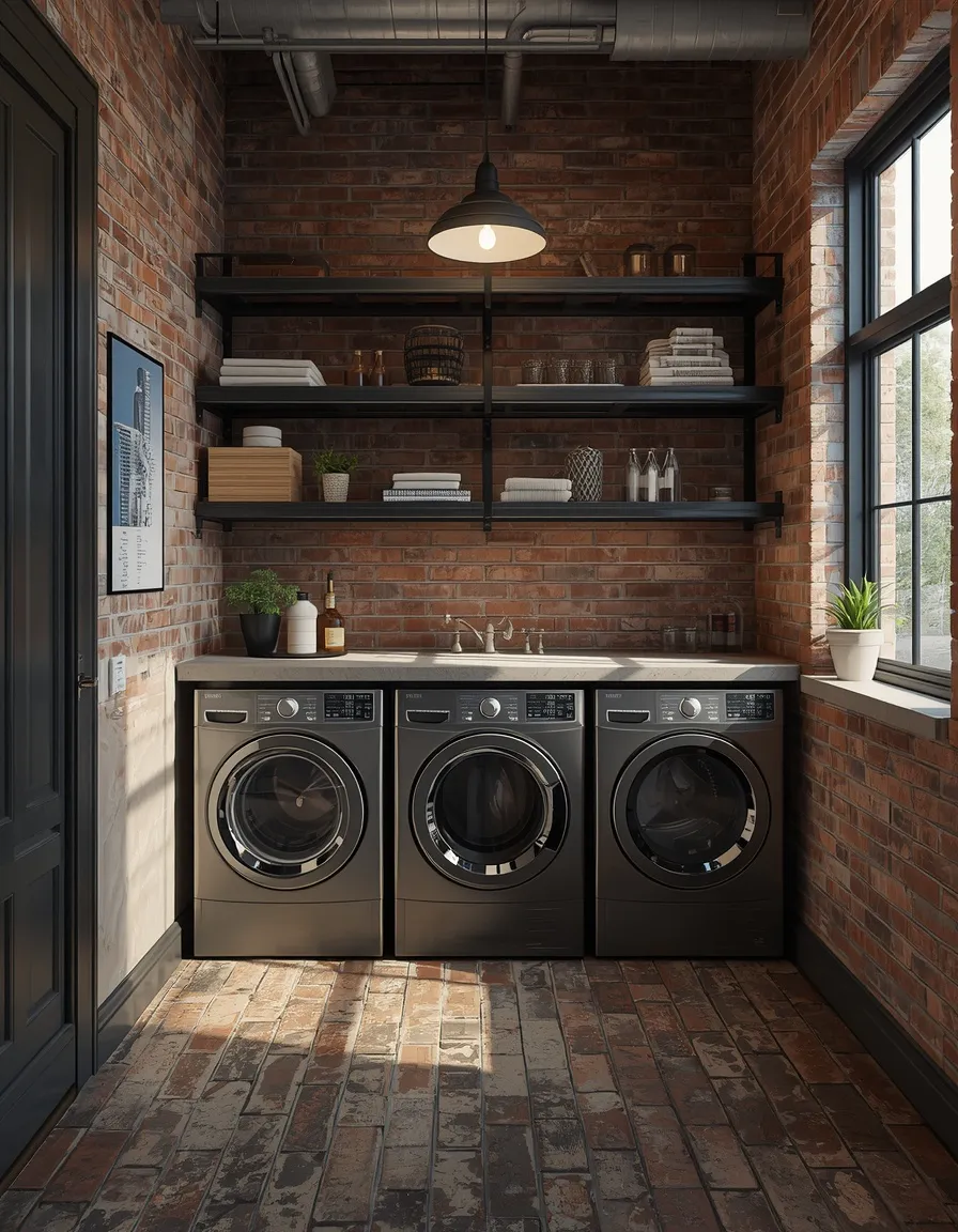 Industrial brick floor laundry room