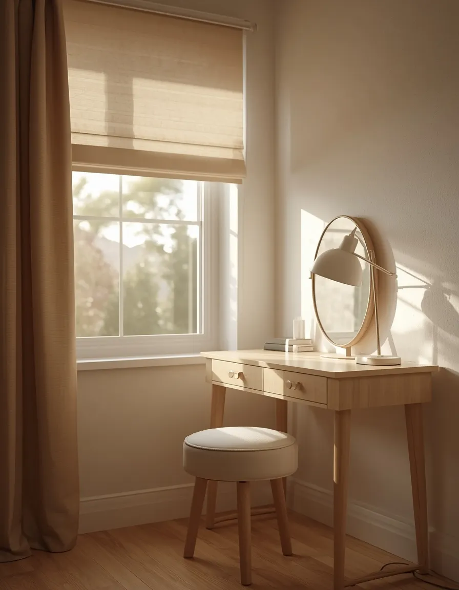 Makeup vanity beside a bright window