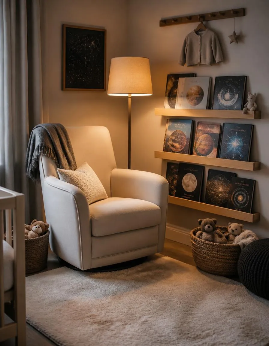 Nursery reading nook with book ledges