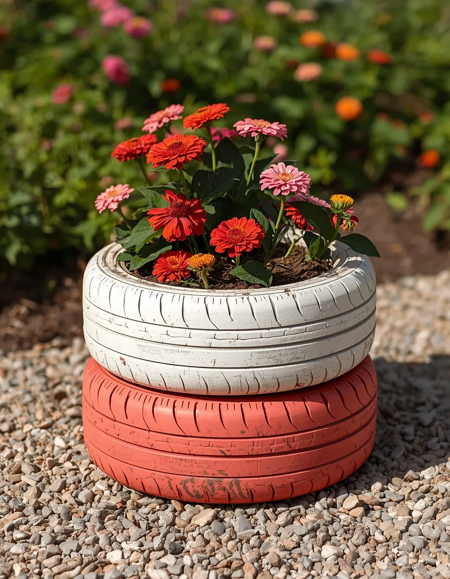 Painted tire planter with zinnias