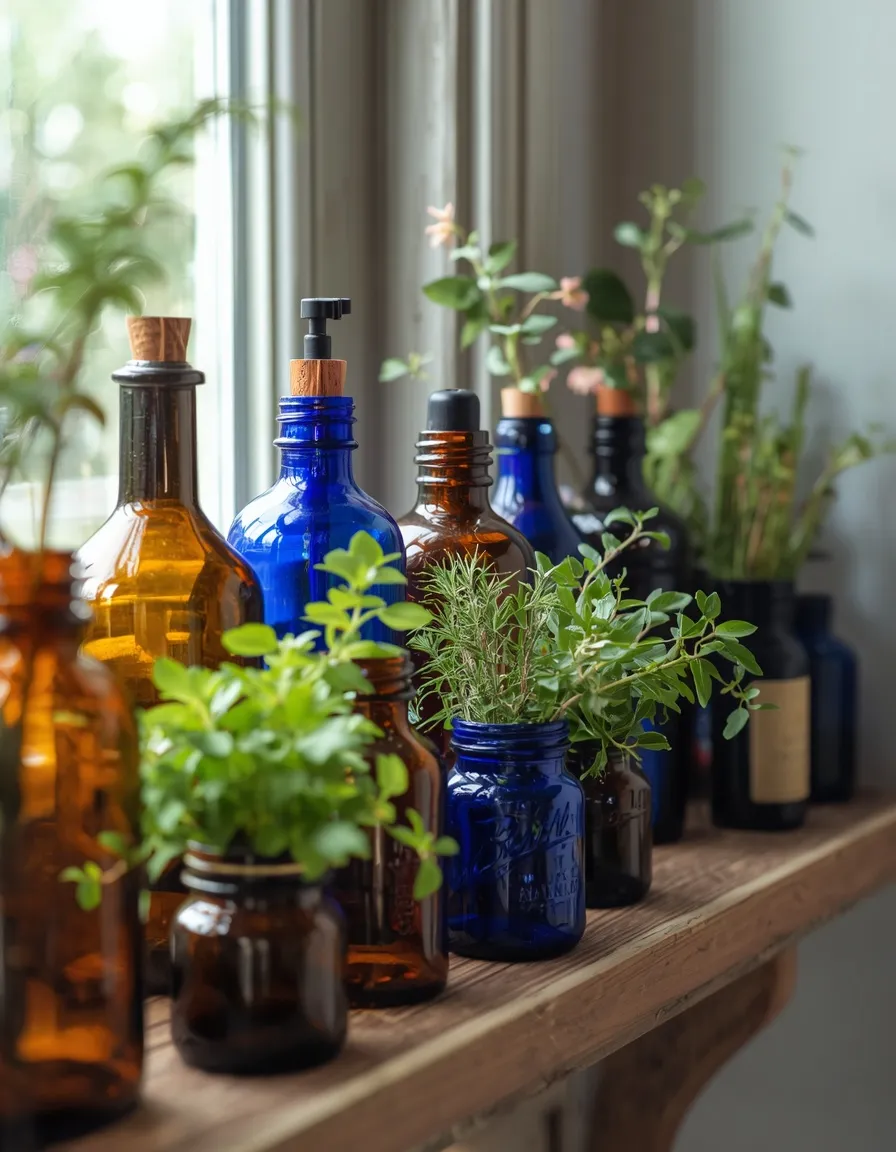Potion bottle planters in witchy garden decor