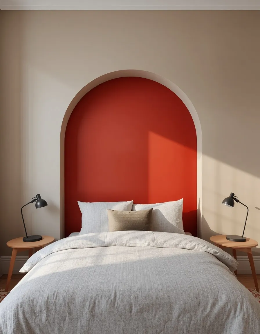 Red painted arch behind a boys bed