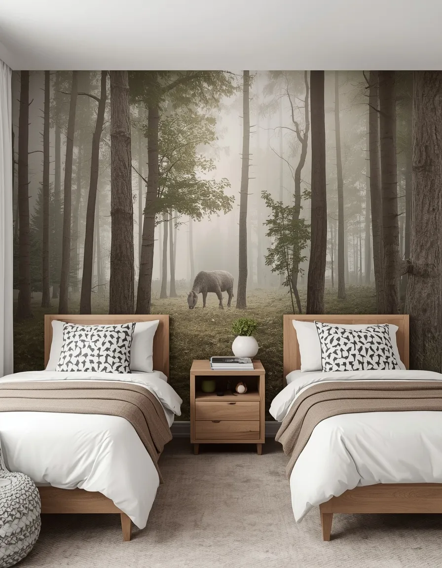 Shared wallpaper wall behind both beds