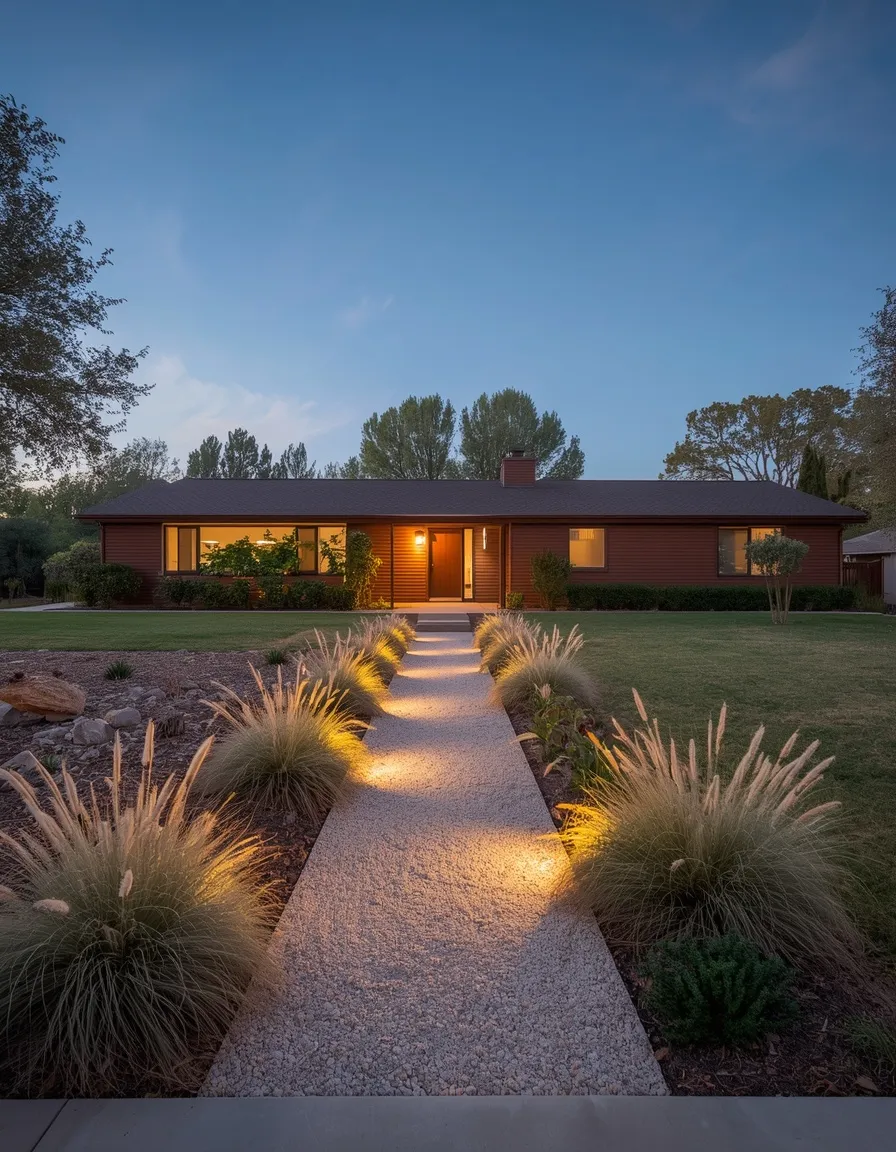 Brown ranch house with landscaping
