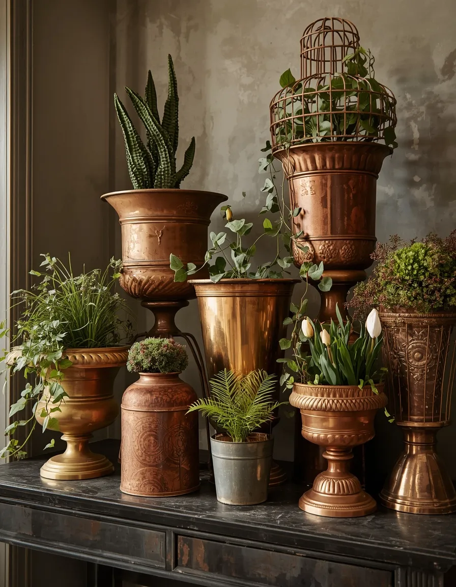 Mixed metal antique planters styled on a console