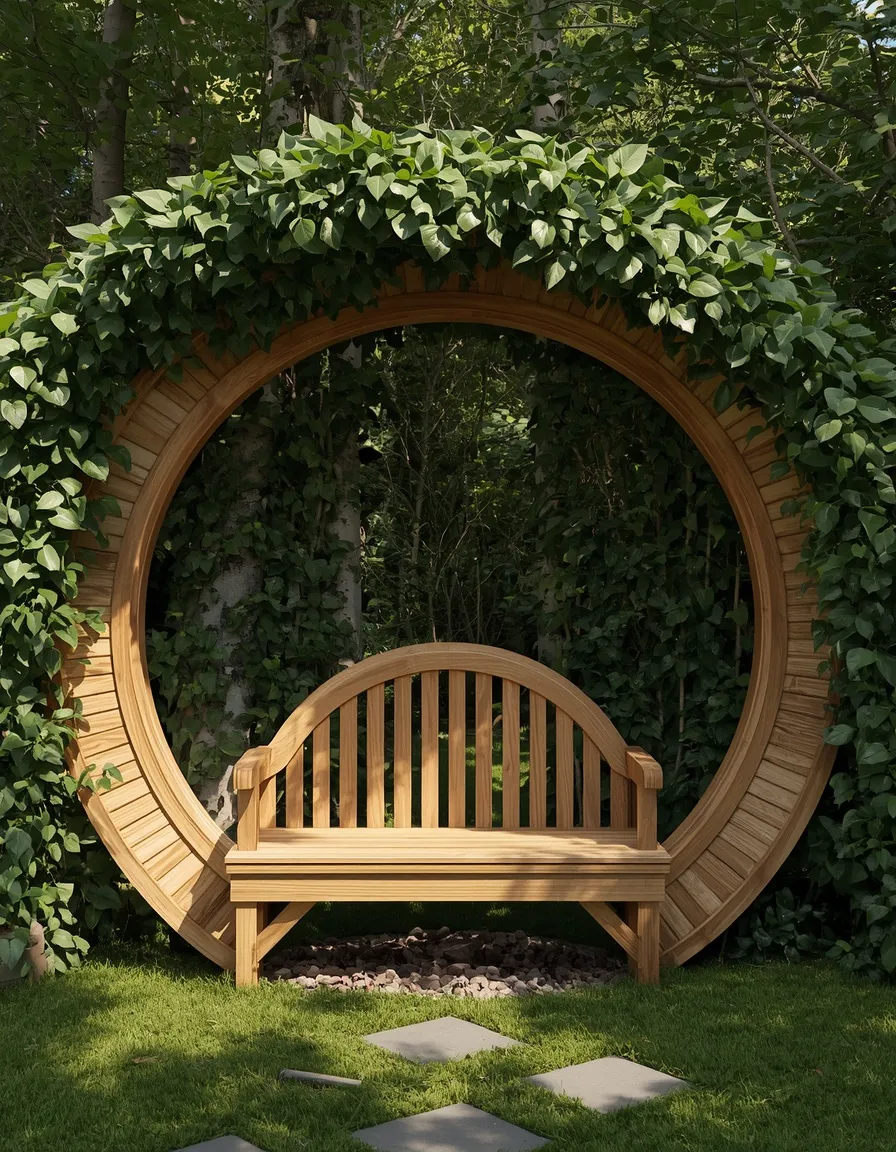 Moon gate garden nook with bench