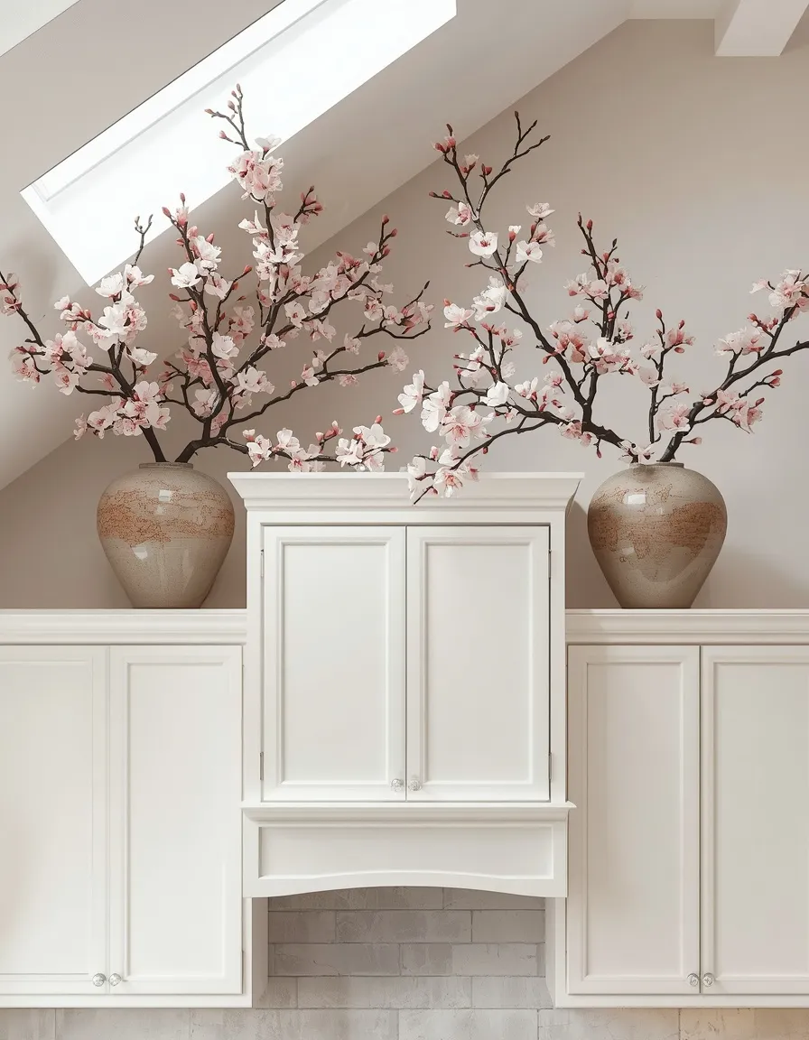 Tall blossom branches above cabinets